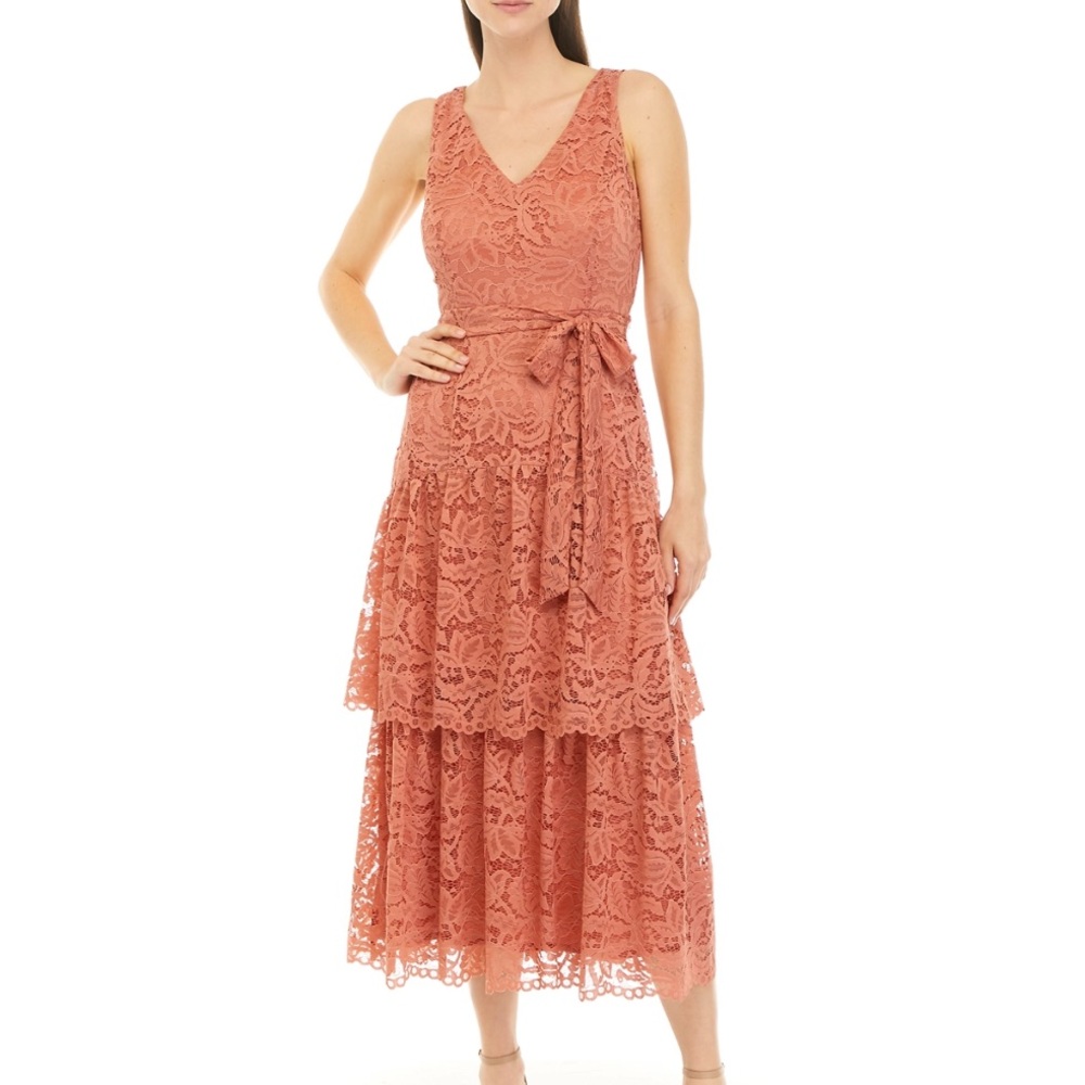 Taylor Ruffled Tiered Orange and Pink Midi Lace Burnt Peach Sundress 🍑 NWT